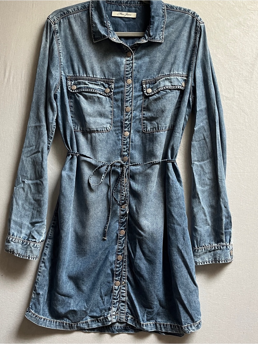 Mavi Tie Waist Button Down Long Sleeve Denim Shirt Dress S